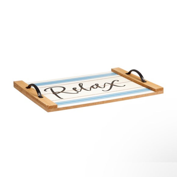 Unbranded Other - NWT - NEW Relax Wooden Tray Bathroom Home Decor Beach Coastal Blue White Striped